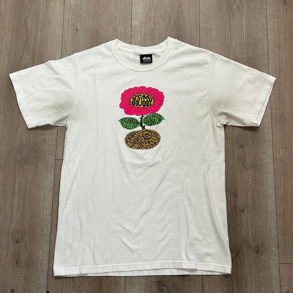 Stussy Sunflower Tee T shirt White Pink Size Small S B2 - Picture 1 of 5
